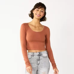 Juniors' SO® Long Sleeve Cropped Scoopneck Top -Cheap SO Store 5023598 Cinnamon Coffee
