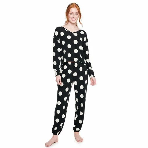 Juniors' SO® Boxy Long Sleeve Pajama Top & Pajama Pants Set -Cheap SO Store 5044482 Black Dot