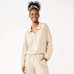 Juniors' SO® Long Sleeve Fleece Polo -Cheap SO Store 5212309 Mocha Froth