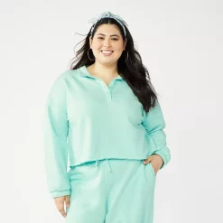 Juniors' Plus Size SO® Long Sleeve Fleece Polo -Cheap SO Store 5212601 Aqua Tint