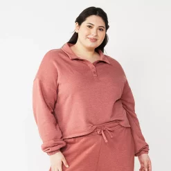 Juniors' Plus Size SO® Long Sleeve Fleece Polo -Cheap SO Store 5212601 Shabby Mauve