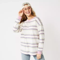Juniors' SO® Long Sleeve Boyfriend Tee -Cheap SO Store 5242670 White Pink Stripe