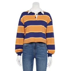 Juniors' SO® Cropped Polo Shirt -Cheap SO Store 5254624 Brown Navy Stripe