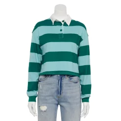 Juniors' SO® Cropped Polo Shirt -Cheap SO Store 5254624 Dark Teal Stripe