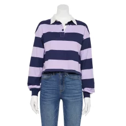 Juniors' SO® Cropped Polo Shirt -Cheap SO Store 5254624 Navy Purple Stripe