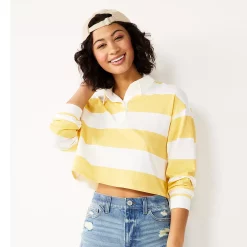 Juniors' SO® Cropped Polo Shirt -Cheap SO Store 5254624 White Yellow Stripe