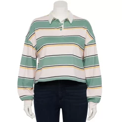 Juniors' Plus Size SO® Cropped Polo Shirt 13 Juniors' Plus Size SO® Cropped Polo Shirt -Cheap SO Store 5254648 Green Pink Stripe
