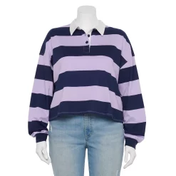 Juniors' Plus Size SO® Cropped Polo Shirt 12 Juniors' Plus Size SO® Cropped Polo Shirt -Cheap SO Store 5254648 Navy Purple Stripe