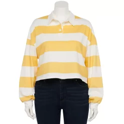 Juniors' Plus Size SO® Cropped Polo Shirt 10 Juniors' Plus Size SO® Cropped Polo Shirt -Cheap SO Store 5254648 White Yellow Stripe