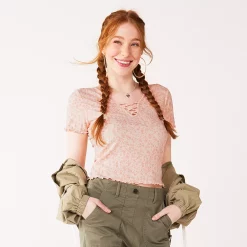 Juniors' SO® Lace Up Front Tee -Cheap SO Store 5270174 Peach Floral