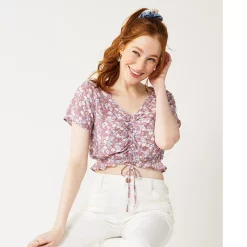 Juniors' SO® Short Sleeve Cinched Front Top 17 Juniors' SO® Short Sleeve Cinched Front Top -Cheap SO Store 5273329 Purple Floral