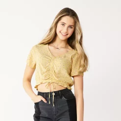 Juniors' SO® Short Sleeve Cinched Front Top 12 Juniors' SO® Short Sleeve Cinched Front Top -Cheap SO Store 5273329 Soft Yellow Floral