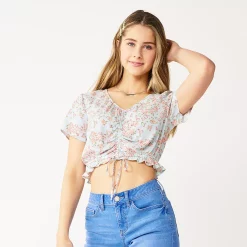 Juniors' SO® Short Sleeve Cinched Front Top 15 Juniors' SO® Short Sleeve Cinched Front Top -Cheap SO Store 5273329 Teal Pink Floral