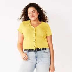 Juniors' Plus Size SO® Short Sleeve Button Front Top -Cheap SO Store 5356574 Butter