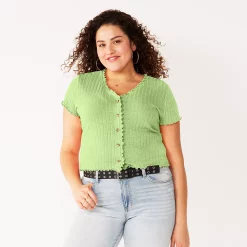 Juniors' Plus Size SO® Short Sleeve Button Front Top -Cheap SO Store 5356574 Gabby Green