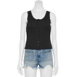 Juniors' SO® Lace Trim Button Front Tank Top -Cheap SO Store 5473650 Black Luxe