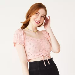 Juniors' SO® Cinch Front Puff Sleeve Top -Cheap SO Store 5494893 Jacqueline Pink