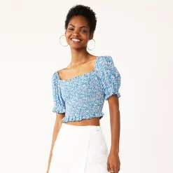 Juniors' SO® Smocked Waist Puff Sleeve Top -Cheap SO Store 5510719 Blue Floral