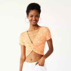 Juniors' SO® Short Sleeve Twist Tee -Cheap SO Store 5512994 Daisy Check Orange