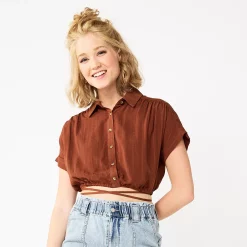 Juniors' SO® Cropped Tie Waist Camp Shirt 7 Juniors' SO® Cropped Tie Waist Camp Shirt -Cheap SO Store 5521559 Brown