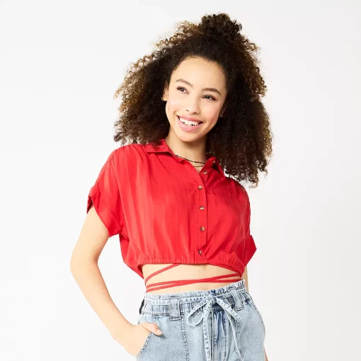 Juniors' SO® Cropped Tie Waist Camp Shirt -Cheap SO Store 5521559 Red