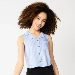 Juniors' SO® Cropped Sleeveless Button Down Top -Cheap SO Store 5532481 Blue Stripe