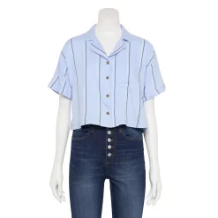 Juniors' SO® Cropped Button-Front Shirt -Cheap SO Store 5536484 Blue Navy Stripe