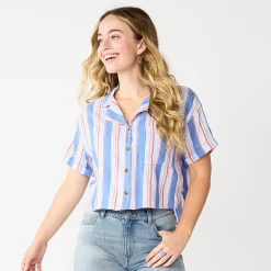 Juniors' SO® Cropped Button-Front Shirt -Cheap SO Store 5536484 Blue Red Stripe