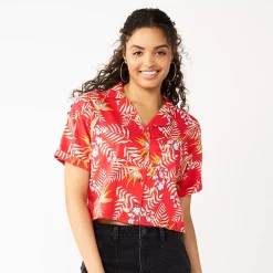 Juniors' SO® Cropped Button-Front Shirt -Cheap SO Store 5536484 Red Floral