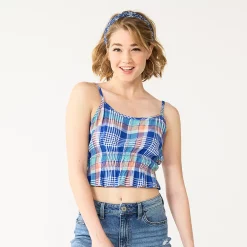 Juniors' SO® Cropped Cinch Waist Tank Top -Cheap SO Store 5548331 Blue Teal Plaid