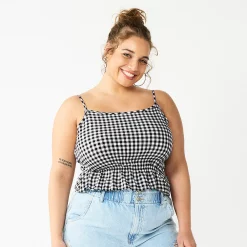 Juniors' Plus Size SO® Cropped Cinch-Waist Tank -Cheap SO Store 5548387 Black Gingham Plaid