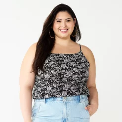 Juniors' Plus Size SO® Cropped Cinch-Waist Tank -Cheap SO Store 5548387 Black White Floral