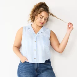 Juniors' Plus Size SO® Cropped Sleeveless Button Down Top 12 Juniors' Plus Size SO® Cropped Sleeveless Button Down Top -Cheap SO Store 5549541 Blue Stripe
