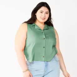 Juniors' Plus Size SO® Cropped Sleeveless Button Down Top 14 Juniors' Plus Size SO® Cropped Sleeveless Button Down Top -Cheap SO Store 5549541 Unique Green