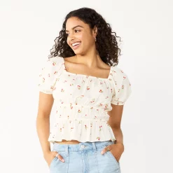 Juniors' SO® Ruffled Double Cinched Waist Top -Cheap SO Store 5551245 Ivory Cherries