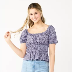 Juniors' SO® Ruffled Double Cinched Waist Top -Cheap SO Store 5551245 Lavendar Floral