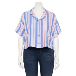 Juniors' Plus Size SO® Cropped Button Down Shirt 17 Juniors' Plus Size SO® Cropped Button Down Shirt -Cheap SO Store 5552605 Blue Red Stripe