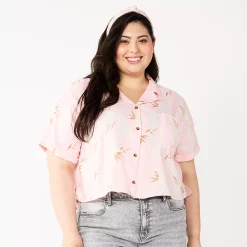 Juniors' Plus Size SO® Cropped Button Down Shirt 19 Juniors' Plus Size SO® Cropped Button Down Shirt -Cheap SO Store 5552605 Light Pink Tropical