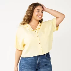 Juniors' Plus Size SO® Cropped Button Down Shirt 13 Juniors' Plus Size SO® Cropped Button Down Shirt -Cheap SO Store 5552605 Soft Yellow