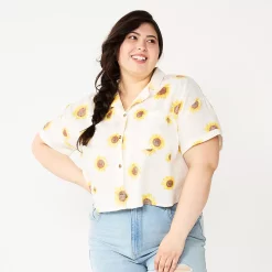 Juniors' Plus Size SO® Cropped Button Down Shirt 18 Juniors' Plus Size SO® Cropped Button Down Shirt -Cheap SO Store 5552605 White Sunflower