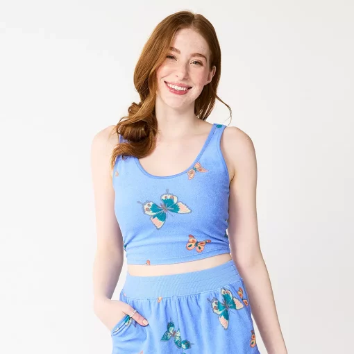 Juniors' SO® Cropped Towel Terry Scoop Neck Tank -Cheap SO Store 5554318 Peri Butterfly