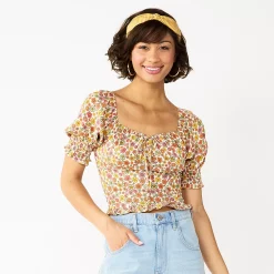 Juniors' SO® Cropped Tie-Front Puff Top -Cheap SO Store 5559527 Golden Sun Floral