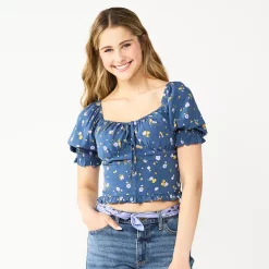 Juniors' SO® Cropped Tie-Front Puff Top -Cheap SO Store 5559527 Navy Floral