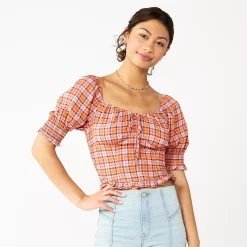 Juniors' SO® Cropped Tie-Front Puff Top -Cheap SO Store 5559527 Papaya Soda Plaid
