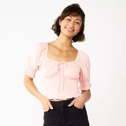 Juniors' SO® Cropped Tie-Front Puff Top -Cheap SO Store 5559527 Pink Lychee