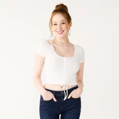Juniors' SO® Cropped Front Lace-Up Top -Cheap SO Store 5561231 Modern White
