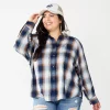 Juniors' Plus Size SO® Long Sleeve Button Down Shirt -Cheap SO Store 5566167 Navy Brown Plaid