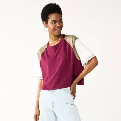Juniors' SO® Short Sleeve Raglan Varsity Tee -Cheap SO Store 5572904 Burgundy Colorblock