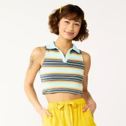 Juniors' SO® Collared Cropped Polo Tank -Cheap SO Store 5585480 Aqua Orange Stripe
