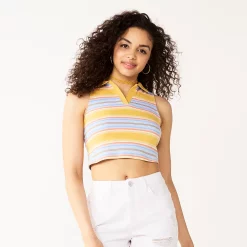 Juniors' SO® Collared Cropped Polo Tank -Cheap SO Store 5585480 Blue Gold Stripe